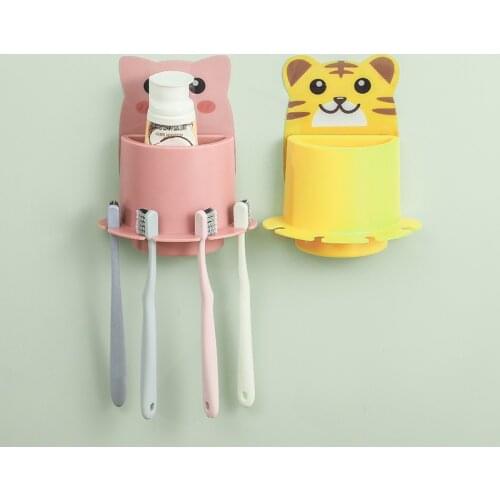 Non-marking wall-mounted toothbrush rack, punch-free cartoon toothbrush holder, bathroom multifunctional toothbrush holder