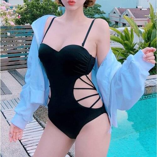 2021 New Korea Style One Piece Swimsuit Solid Swimwear Women Push Up Monokini Open Back Swim Suit Pad Bathing Suit