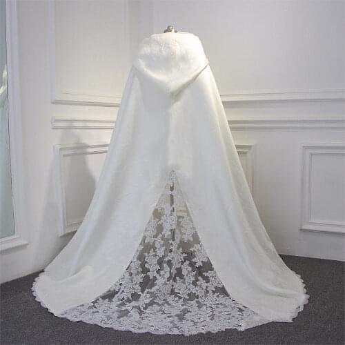 New Winter Wedding White Ivory Wraps Shawl Capes Long Train Lace Edge With Hood Appliques Bridal Cloaks Custom Jackets