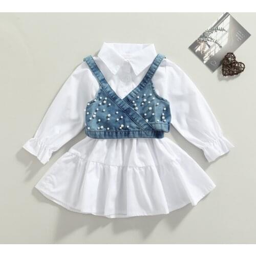 2Pcs Kids Infant Girls Dresses Outfit Fashion Autumn Spring Solid Color Lantern Sleeves Shirt Dress+Denim Beading Vest for Girl