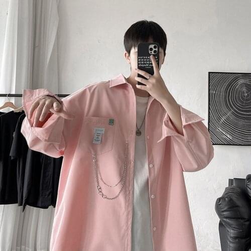 Chain Pendant Shirt Mens Korean Casual Shirt Mens Fashion Loose Shirt Mens Social All-match Streetwear Long-sleeved Shirt Men
