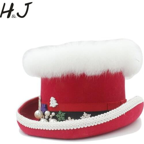 Top Hat 15cm(5.89inch) 100% Wool Red Women Christmas Top Hat For Fashion Lady Queen fedora Mad Hatter Magic Show Caps