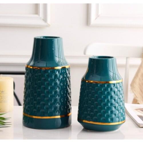 Modern Green Blue Ceramic Flower Vase Embossed Design Centerpiece Home Decoration Gold Plated Dried Floral Vase 8/10 inch