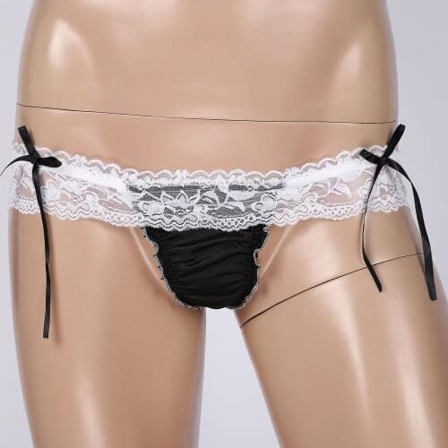 Men Ruffled Lace Skirted Panties Patchwork Satin G-String Breathable Bowknot T-Back Low Waist Elastic Exotic Thongs Underwear
