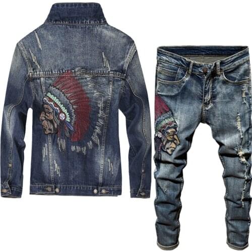 Vintage Mens Hole Ripped Jeans Casual Embroidery Long Pants Slim Fit Blue Denim Jeans Men Pantalon Homme Streetwear Male Pant