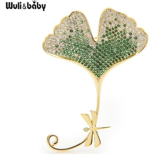Wuli&baby Luxury Gingko Leaf Dragonfly Brooches Women Cubic Zircon Flower Weddings Banquet Broocoh Pins Gifts