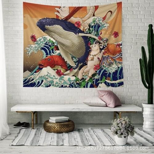 Kanagawa Japanese Waves Wall Tapestry Big Whale Ukiyoe Painting Tapestry Wall Hanging Arowana Boho Bedspread Yoga Mat Blanket