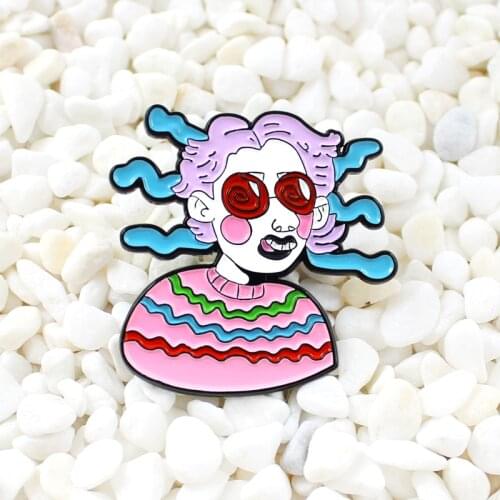 Funny explosion head girl funny cartoon character Enamel brooch Exaggerated dizziness facial expression Personality badge
