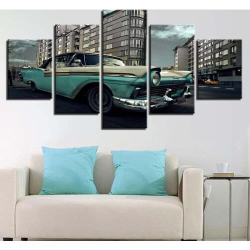 Retro green leather car on the road 5 pcs Modern Home Wall Decor Canvas Picture Art HD Print Painting On Canvas for Living Room