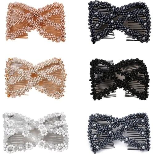 Women Twist Rhombus Beaded Hair Side Combs Stretchable Double Clips Bun Maker