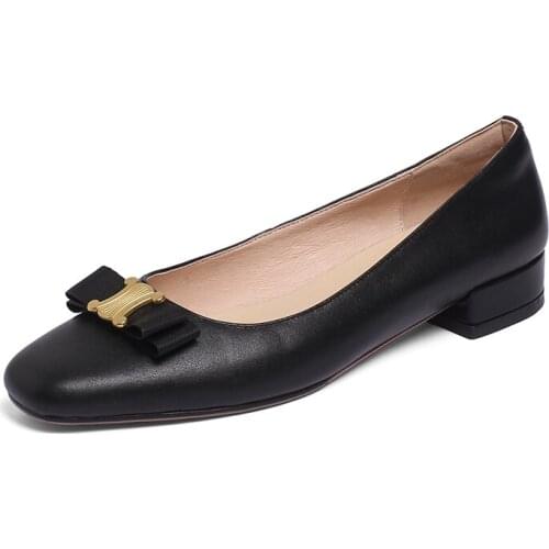 EGTPINAOP Womens Shoes Genuine Leather Low-Heeled Pumps Small Square Head Mary Jane Ribbon Decoration Metal Button Commute