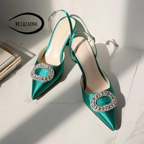 New Brand Design Women Slik Luxury Crystal Shoes High Heels Pointed Toe Party Shoes Ladies Shoes Dress Shoes