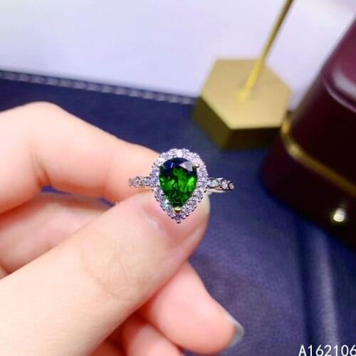 925 Pure Silver Chinese Style Natural Diopside Womens Classic Trendy Water Drop Adjustable Gem Ring Fine Jewelry Support Detect