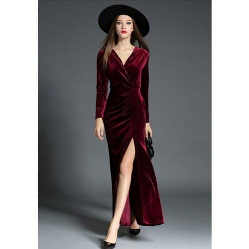 New Winter Velvet Maxi Women Solid Color High Split Party Dresses Sexy V-neck Long sleeve Women Evening Bodycon Dress Plus Size