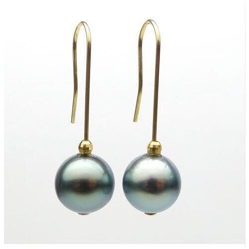 9.3mm Natural Green Genuine Tahitian Pearl Drop Earrings Dangle 14K Yellow Gold