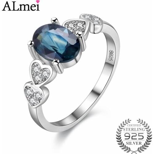 Almei 0.7ct Natural Blue Sapphire Stone Retro Silver Wedding Engagement Rings S925 Fine Jewelry for Women with Gift Box 40%FJ023