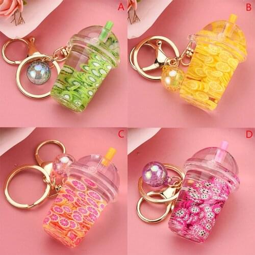 Creative Simulation Fruit Floating Keychain Cute Watermelon Kiwi Liquid Milk Tea Bottle Keyring Women Summer Bag Key Holder