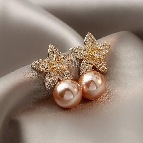 Champagne Flower Pearl Earrings Personality Elegant Korean Brincos Simple Jewelry Wholesale