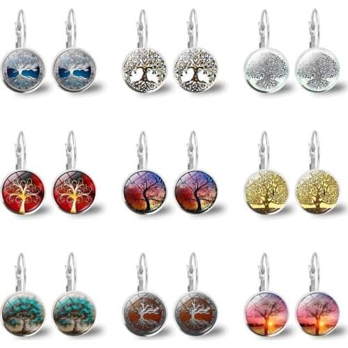 French Tree of Life Glass Cabochon Ear Hook Earrings Silver Color Tree of Life Earrings Fashion 2021 New Jewelry Gift for Women