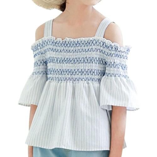 Oyolan Girls T-shirt Vest Summer 2021 New Style Striped One Shoulder Flared Sleeves Pleated Top Cotton Korean Children Clothing