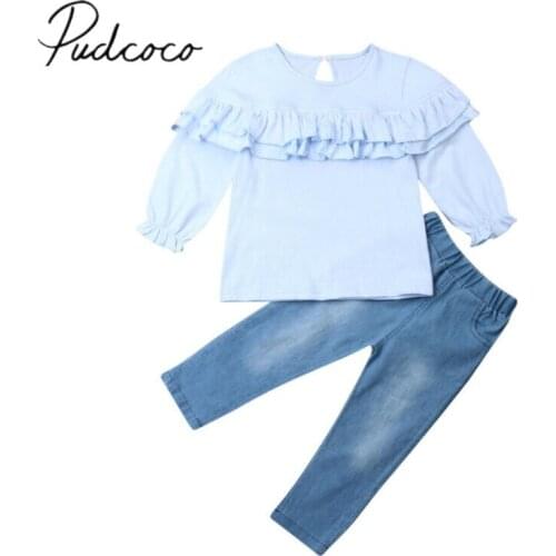 2019 Baby Spring Autumn Clothing Boutique Kids Baby Girl Long Sleeve Ruffle Tops T-Shirt Pocket Denim Pants Jeans Outfits 1-6T