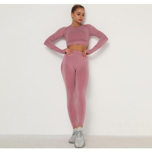 Hot Sale Women Seamless Yoga Set Fitnedss Sports Suits Gym Clothing Long Sleeve And Bra Crop Running Leggings Workout Pants