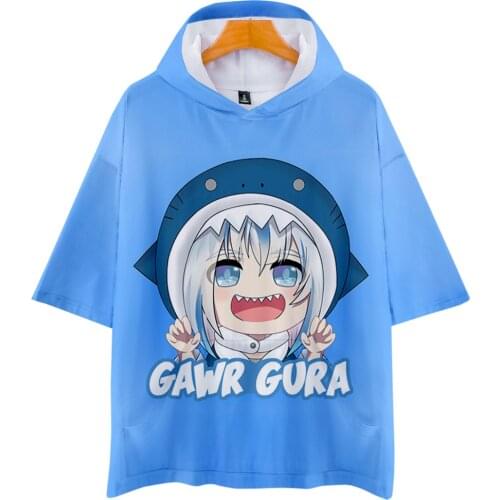 Anime Gawr Gura Summer Hoody Men Women Streetwear Hip Hop T Shirt Harajuku Tops Pocket Hooded Oversized Kawaii Y2K Clothing