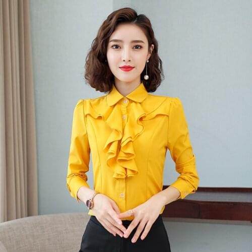Fashion Women Autumn Yellow Shirt New Long Sleeve Casual Ruffles Neck Chiffon Blouses Office Ladies Business Print Work Tops