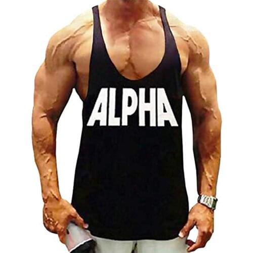 Mens Printed "ALPHA" Gym Workout Bodybuilding Tank Tops Y Back Fitness Thin Shoulder Strap Muscle Fit Stringer Extreme Tee