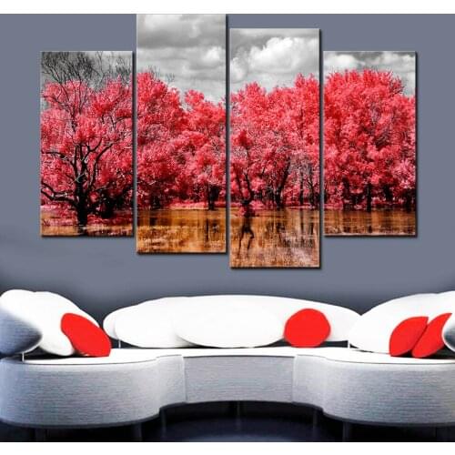 Wall Art Painting HD Printed Canvas Poster Home Decor 4 Panel Visual Red Leaves Black Trunk Framed Living Room Modular Pictures