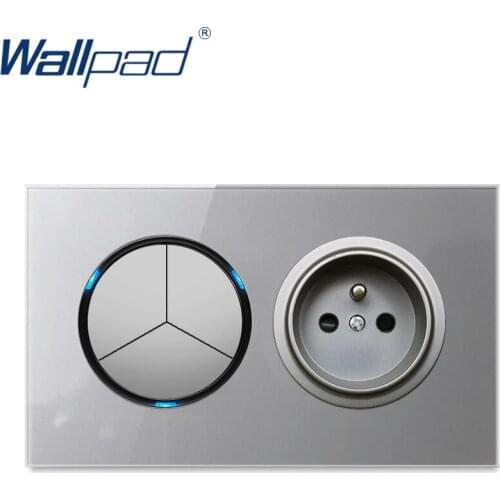 Wallpad French Wall Socket Power Electric Outlet 3 Gang 2 Way Light Switch Grey Crystal Tempered Glass Panel Frame 146*86mm