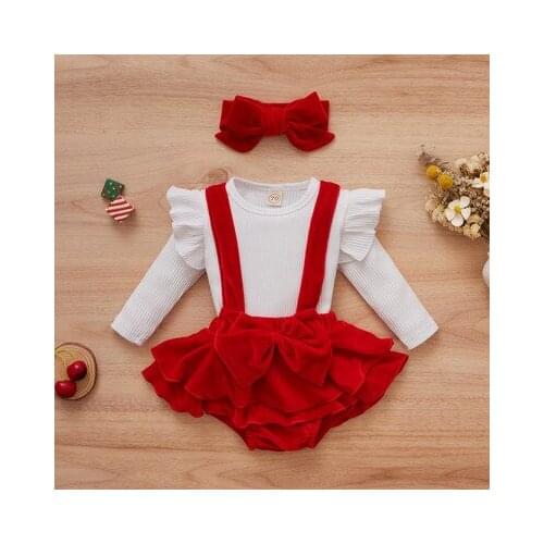 2021 New Red Christmas Clothes Set for Baby Toddler White Long Sleeve Tee And Velvet Skirt Autumn Clothes