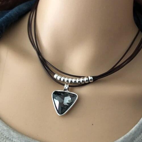 Anslow New Hot Fashion Jewelry Vintage Retro Multiliyer Leather Triangle Crystal Pendant Choker Necklace Cheap Price LOW0018AN