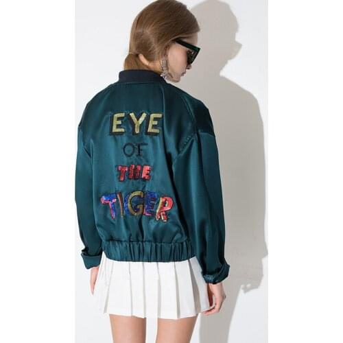 Autumn Europe Fashion Women Letter Sequins printing Bomber outerwear Female Tultleneck Long Sleeve Elastic Coat Baseball jacket