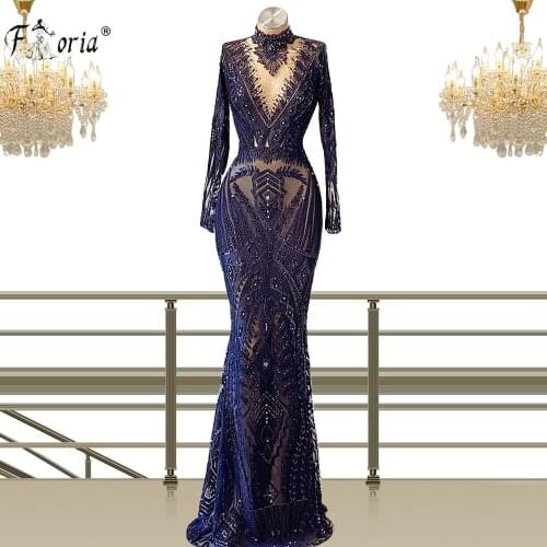 Dubai Luxury Muslim Beading Evening Dress Illusion Long Sleeve See Through Lace Mermaid Prom Gowns Special Occasion Dress Robes