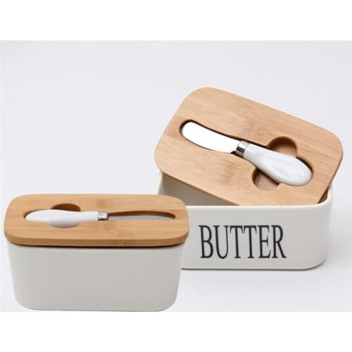 Nordic Ceramic Butter Box with Wood Cover and Butter Knife Cheese Food Container Simple Storage Tray Kitchen Sealed Butter Dish