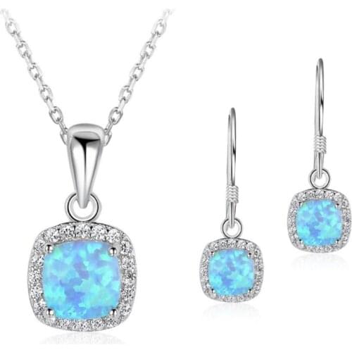Smple Style Silver Plated 5 Colors Opalite Opal Pendant Necklace Drop Earrings Square Shape Jewelry Sets