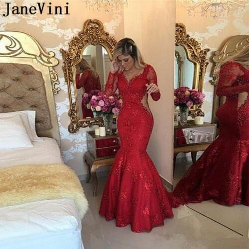 JaneVini Sexy Deep V Neck Red Evening Dresses Mermaid Lace Pearls Illusion Back Long Sleeve Evening Gown Sweep Train Lange Jurk