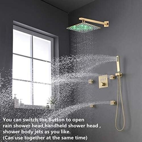 Thermostatic Brushed Gold Shower System 12 Inch LED Rainfall Shower Head With 4 PCS Body Sprays Shower Mixer Set
