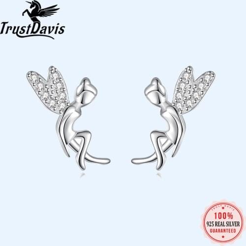 Trusta Minimalist Genuine 925 Sterling Silver Sweet Dazzling CZ Small Angel Stud Earring For Women Friends Jewelry Gift DA567