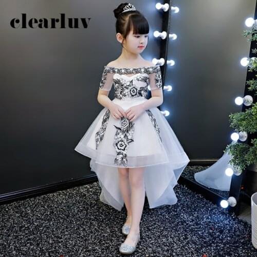 Tulle Girls Princess Dresses B066 White Off The Shoulder Flower Girl Dresses for Weddings Boat Neck Kids Party Communion Gowns