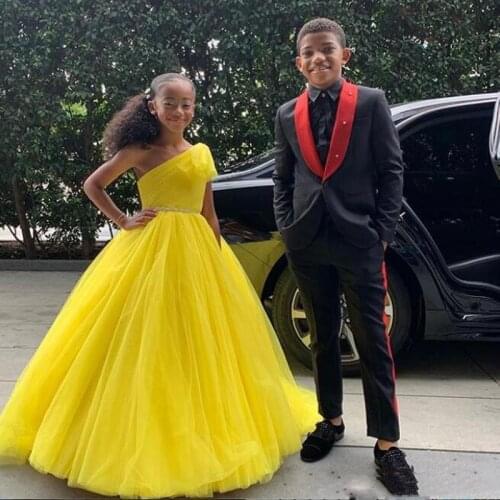 Yellow One Shoulder Junior Flower Girl Dresses For Wedding Beaded Toddler Girls Pageant Dress Kids Formal Wear Prom