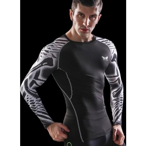 Muscle Men Compression Tight Skin Shirt Long Sleeves 3D Prints Rashguard Fitness Base Layer Weight Lifting Male Tops Wear