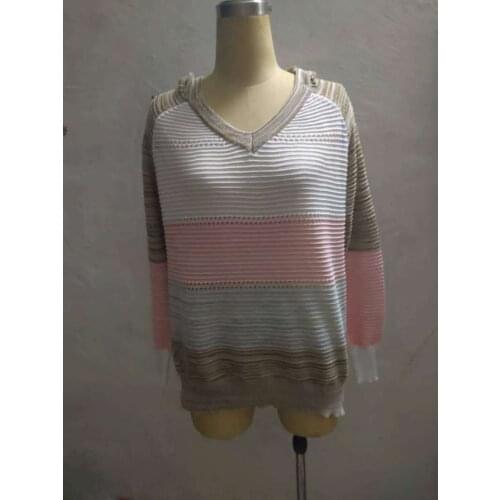 Autumn V Neck Patchwork Hooded Women Casual Long Sleeve Knitted Hoody Top Winter Striped Elegant Pullover Jumpers S-V