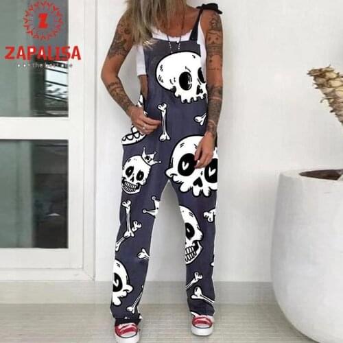 Women Skull Chrysanthemum Print Rompers for Streetwear Patchwork Design Bandage Pockets Decor Sling Sleeveless Casual Jumpsuits