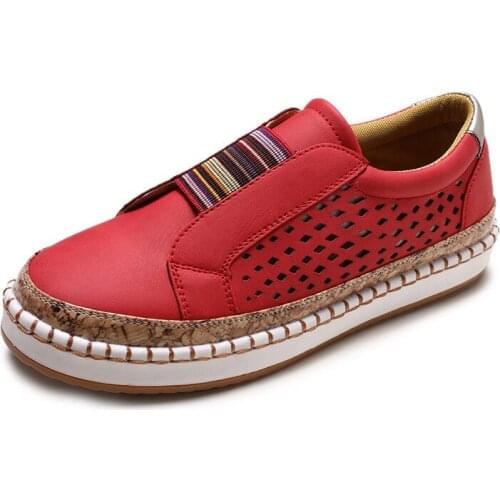 Women Casual Leather Flats Wedge Women Platform Sneakers Cutouts Slip On Flats Moccasins Shoes Woman Plus Big Size 35-43