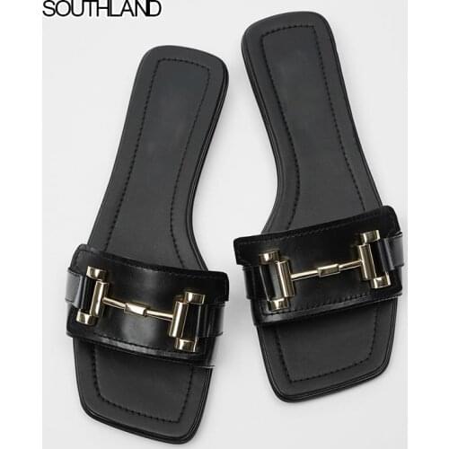 SOUTHLAND Summer buckle women slides slip on casual beach flat women slippers
