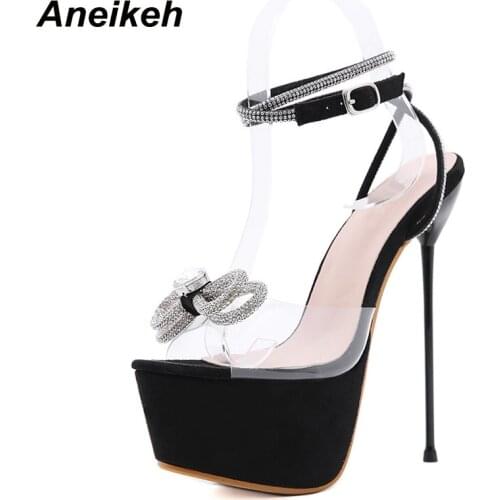 Aneikeh Shoes For Women 2021 Sweet Butterfly-Knot Bordered Bling Crystal Patchwork High Heels Sandals PVC NEW Summer 34-40 Black