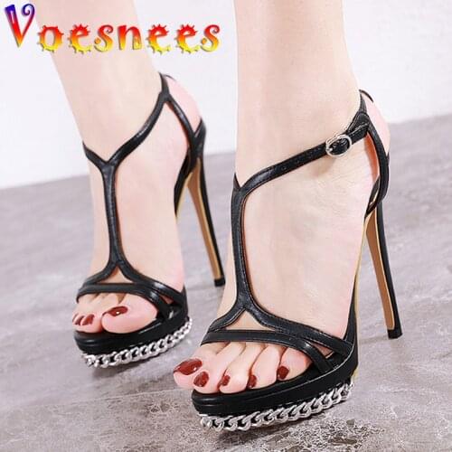 Metal Chain Decoration T-Strap Women Shoes Platform Black White High Heels Summer Fine Heel Sandals Sexy Nightclub Roman Shoes