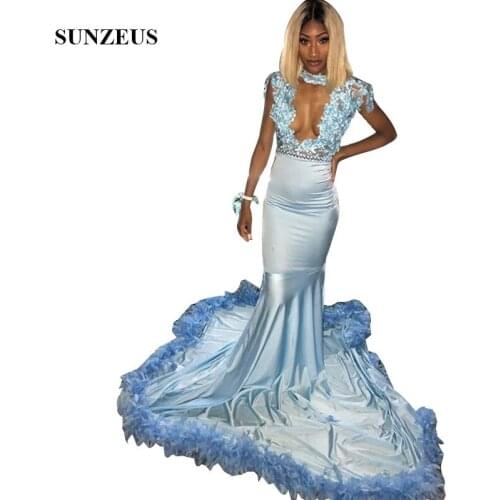 Pearls Beaded Flowers Prom Dress With High Neck Cap Sleeves Mermaid Party Gowns Light Blue Jersey Women Long Dress Feathers